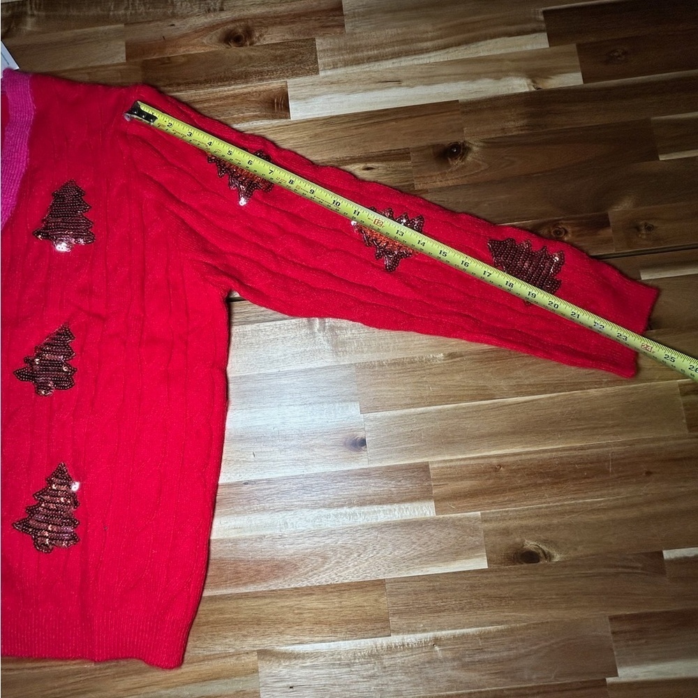 Southern Grace Bright Red Button Down Oversized Cardigan Pink Trim Sequin Trees - Picture 7 of 11